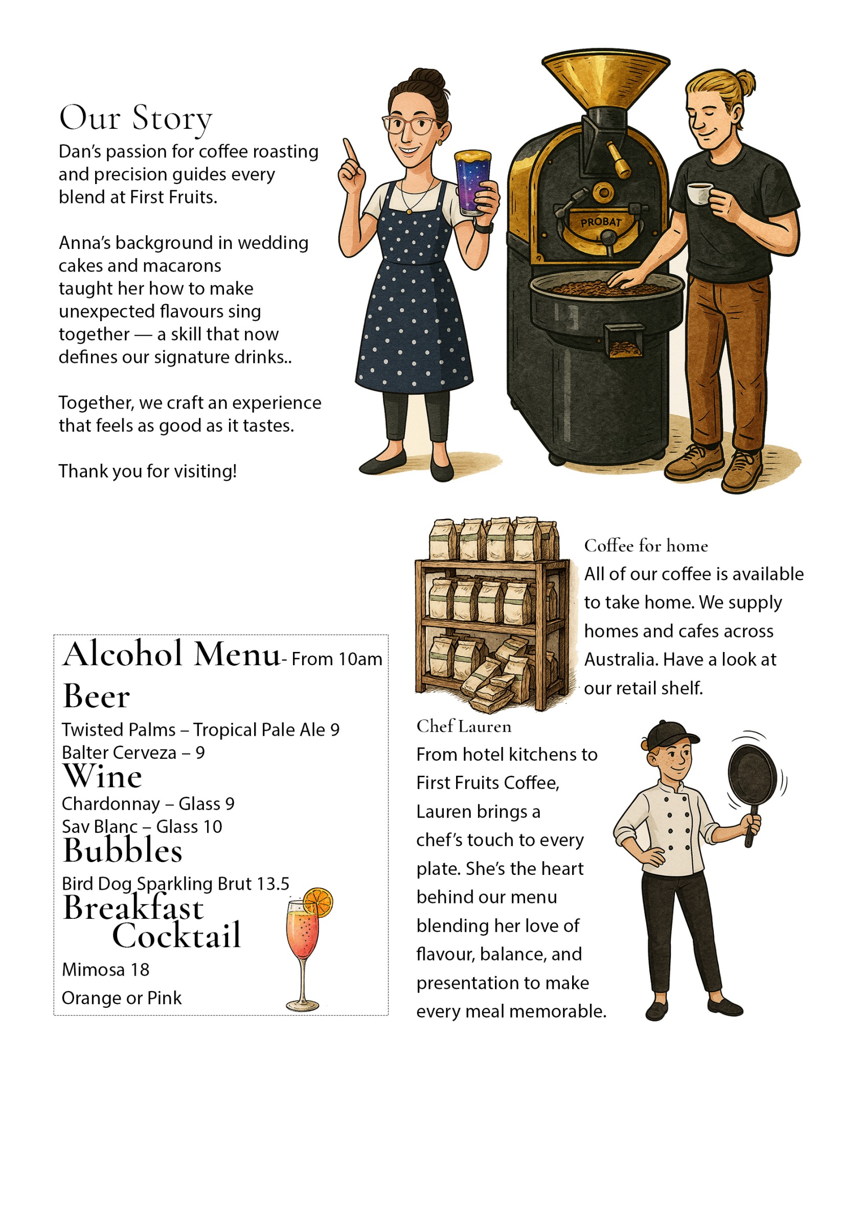 Our story and alcohol menu from 10am, including beers $9, wine glasses from $9, sparkling brut $13.50, and mimosa $18.